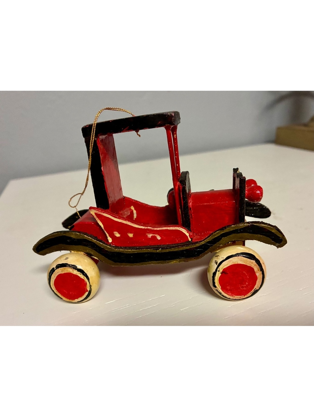 Vintage Folk Art Wooden Red Car Ornament Model T Style Christmas Tree Decor